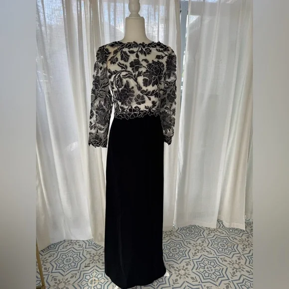 Tadashi Shoji Peony Embroidered Lace Top Black Ivory Gown Dress Size 16 - Picture 7 of 15